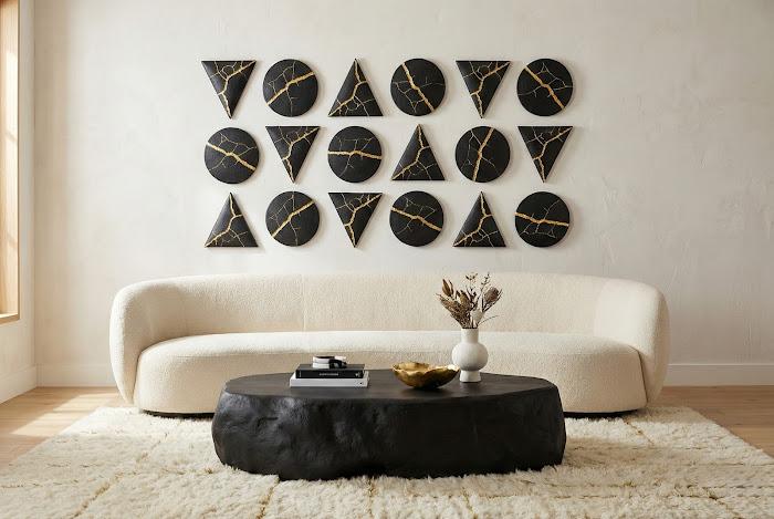Rift Wall Tile, Triangle, Matte Black, Gold Leaf