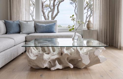 Cast Root Coffee Table, White Stone, With Glass