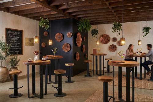 Concrete Bar Stool, Chamcha Wood Top, Stainless Steel Footrest