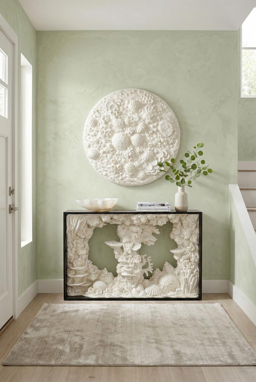 Coral Reef Wall Art, Painted Cream Color, Round, 