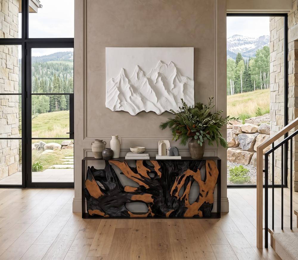 Cast Root Metal Framed Console Table, Resin, Brown