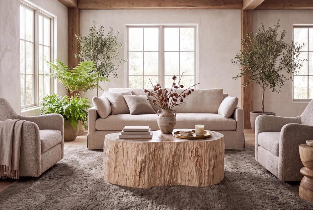 Lithic Petrified Freeform Coffee Table, Rough, Cream