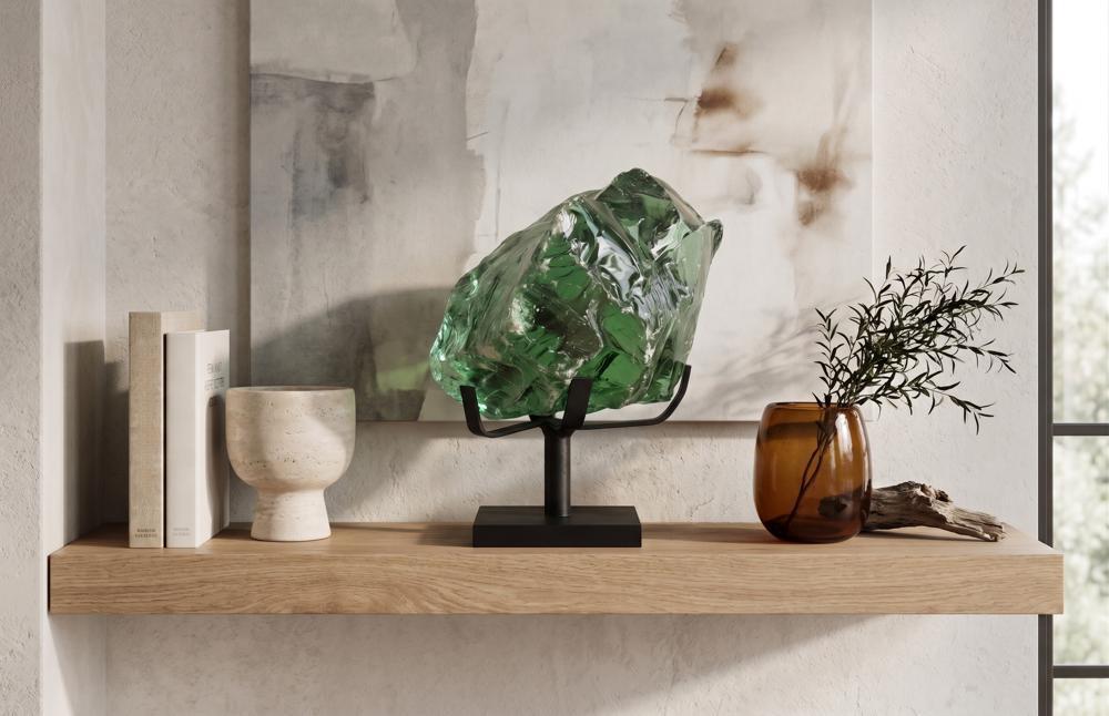 Refractory Glass Sculpture, Green, On Base