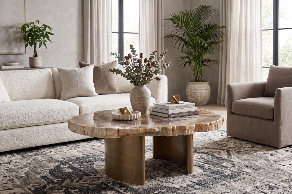 Tero Petrified Coffee Table, Brass Legs