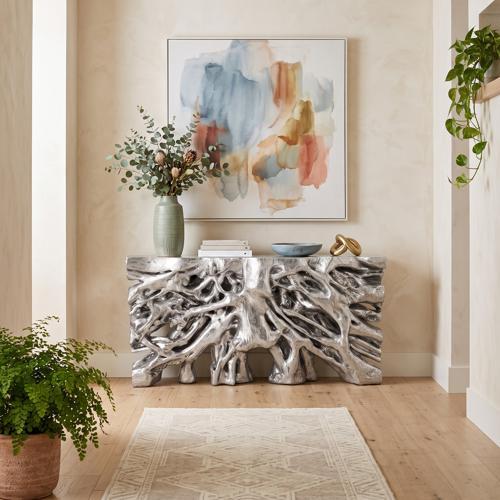 Square Root Console Table, Silver Leaf