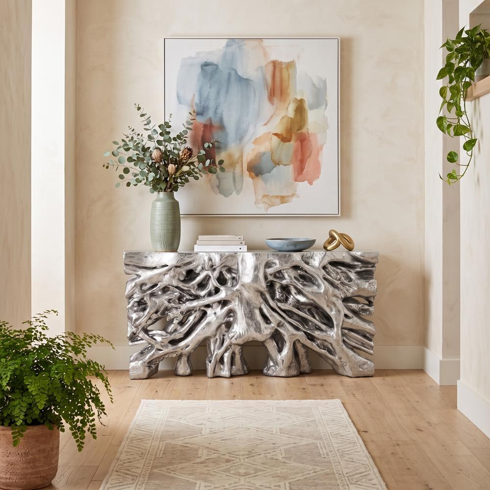 Square Root Console Table, Silver Leaf