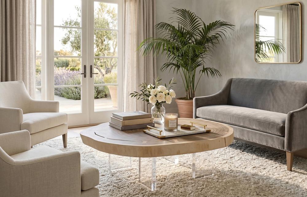 Floating Coffee Table with Acrylic Legs, Bleached , Size Varies