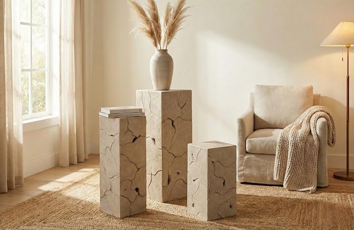 Teak Slice Pedestal, Square, Oat Finish, LG