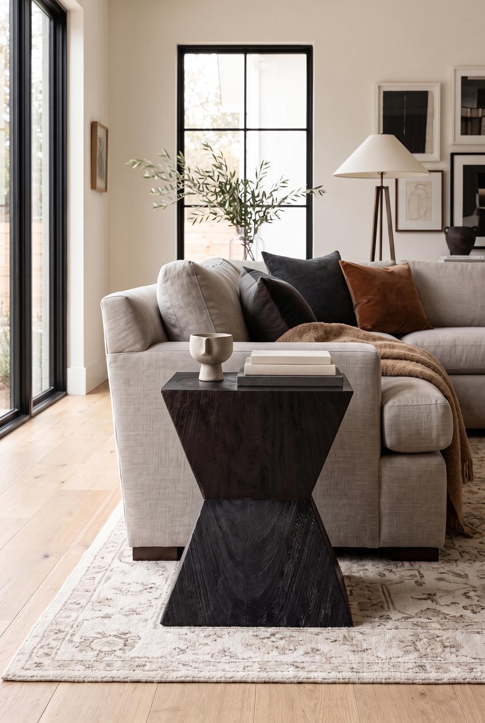Suar Wood Double Trapezoid Stool, Ebony