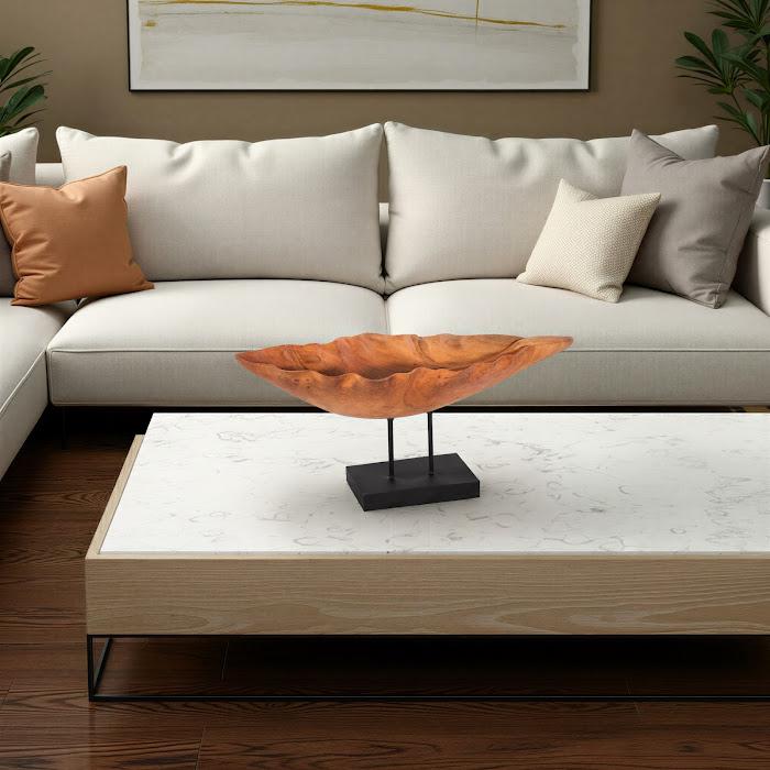 Carved Leaf Sculpture on Stand, Mahogany