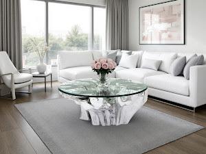 Abyss Cast Root Coffee Table With Glass, Silver Leaf
