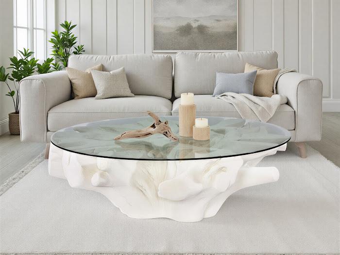 Sono Cast Root Coffee Table, With Glass, Roman Stone