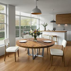 Chuleta Round Dining Table on Stainless Steel Base, Natural