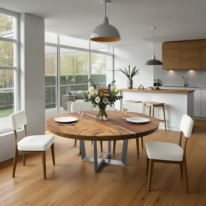 Chuleta Round Dining Table on Stainless Steel Base, Natural