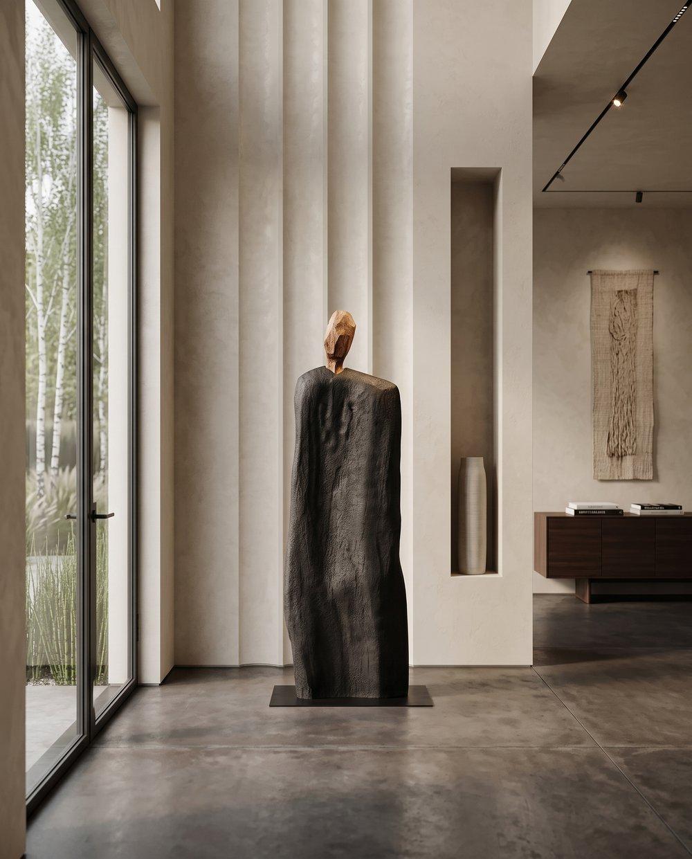Figurative Wood Sculpture, Iron Base