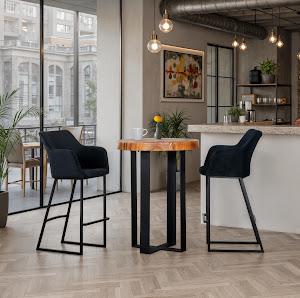 Chuleta Bar Table on Black Metal Base, Chamcha Wood, Natural