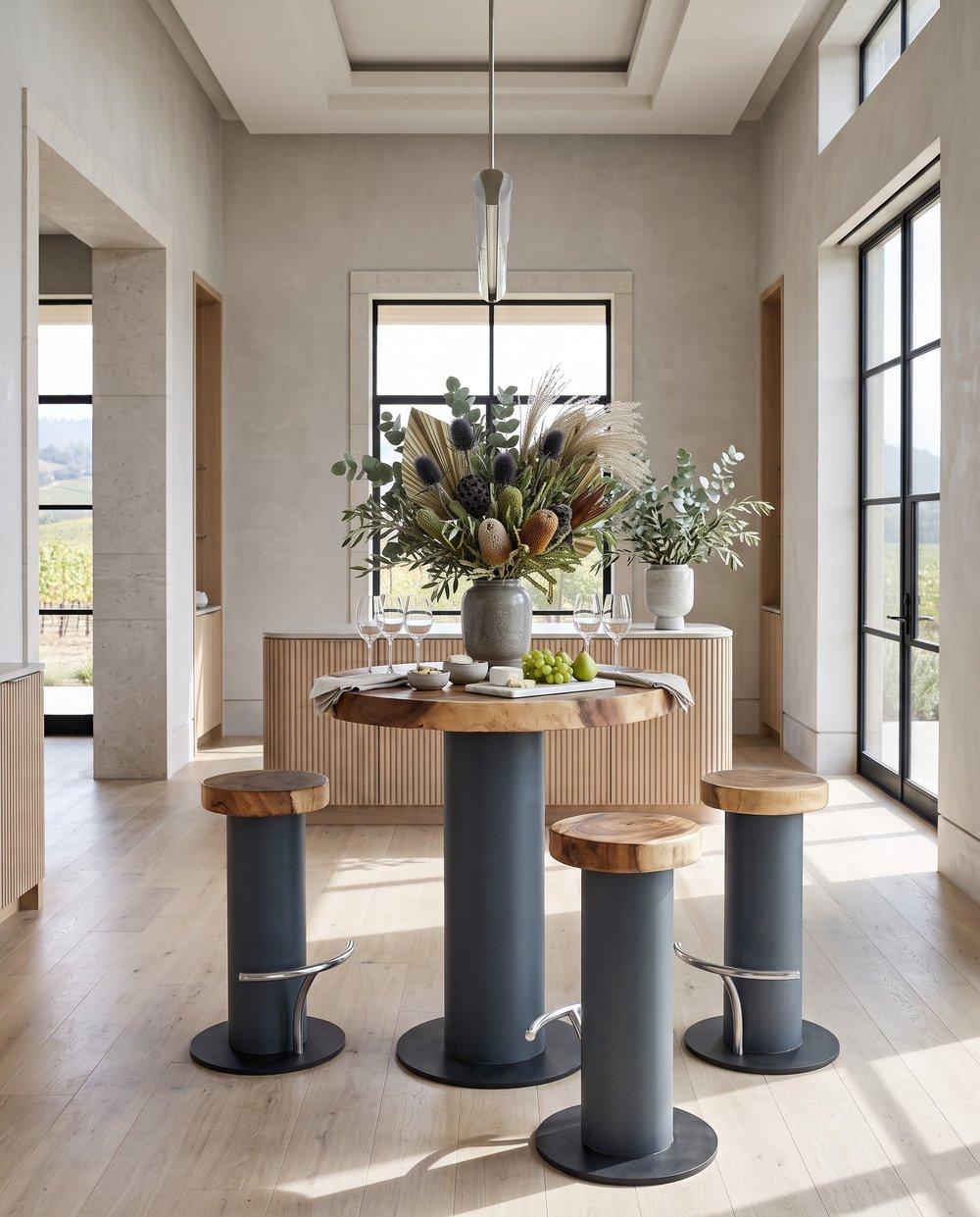 Concrete Bar Stool, Chamcha Wood Top, Stainless Steel Footrest