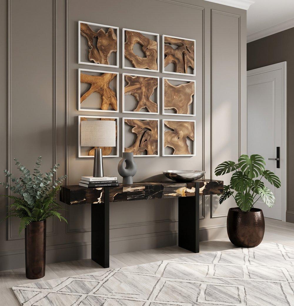 Framed Slice Wall Tile, Teak Wood, White Frame