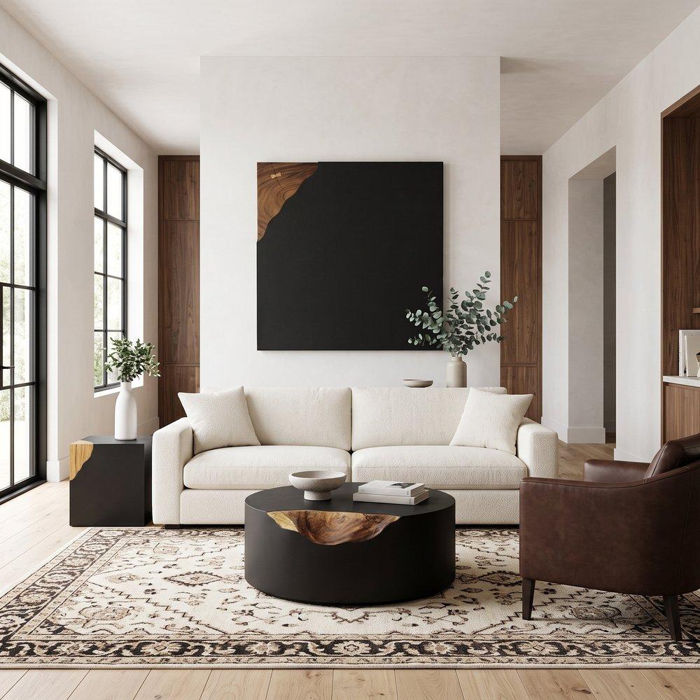 Cornered Coffee Table, Natural, Iron, Round
