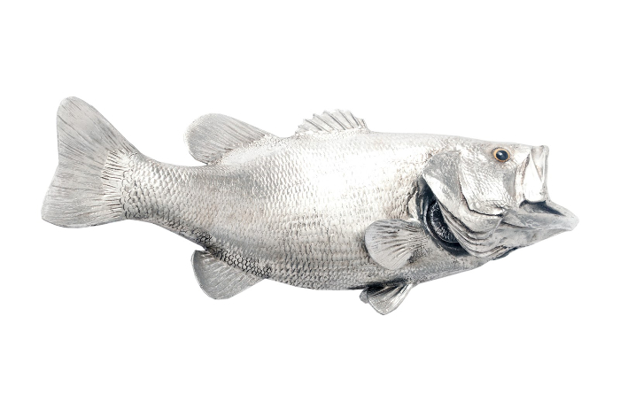 Large Mouth Bass Fish Wall Sculpture Resin, Silver Leaf