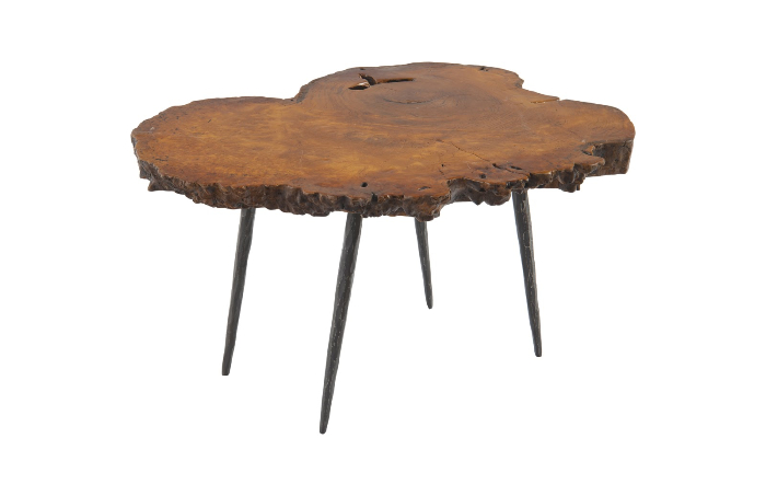 Mai Theng Burled Wood Coffee Table Forged Metal Legs