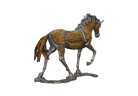 Mustang Horse Woodland Sculpture On Base Walking
