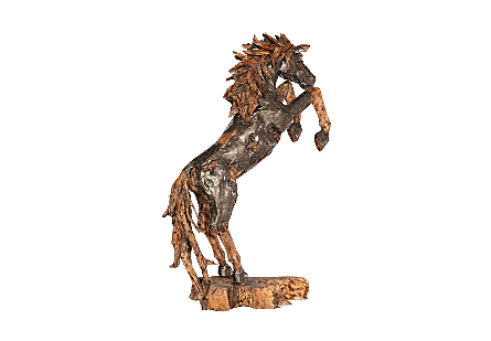 Mustang Horse Armored  Sculpture Rearing, Natural Bronze Finish
