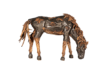 Mustang Horse Armored  Sculpture Grazing, Natural Bronze Finish