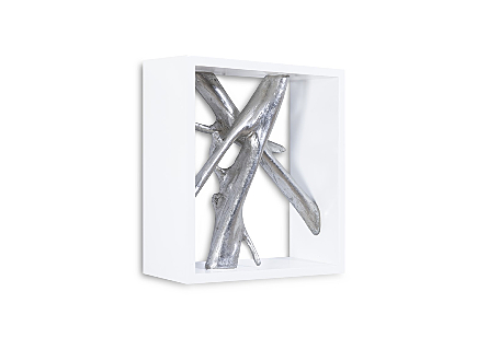 Framed Branches Wall Tile White, Silver Leaf 