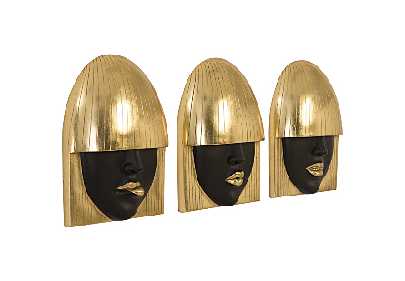 Fashion Faces Wall Art Small, Black and Gold Leaf, Set of 3