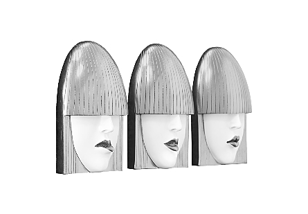 Fashion Faces Wall Art Small, White and Silver Leaf, Set of 3