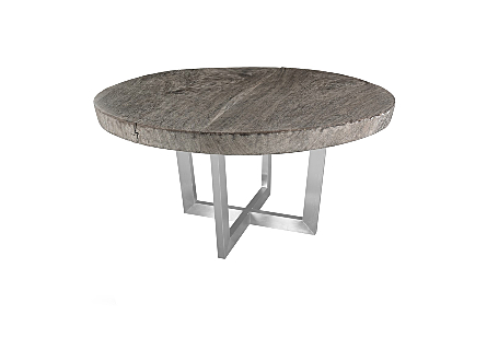 Chuleta Round Dining Table on Stainless Steel Base Gray Stone