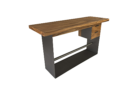 Iron Frame Standing Desk with Drawers Chamcha Wood, Natural, Bar Height 