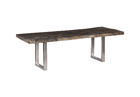 Chamcha Wood Dining Table Gray Stone, Brushed SS Legs