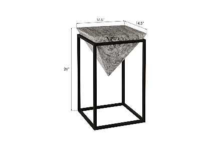 Inverted Pyramid Side Table Gray Stone, Wood/Metal, Black, LG